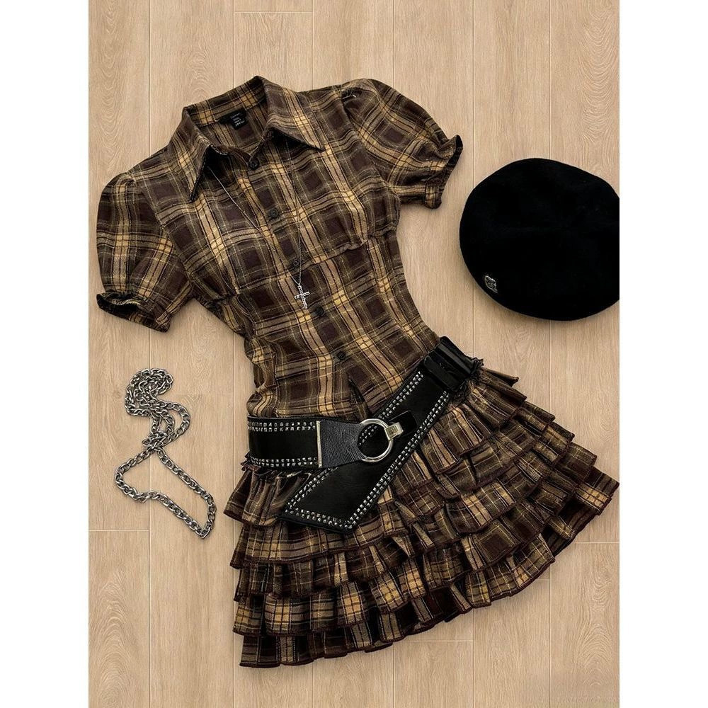 Zara Vintage Plaid Mini Shirtdress Puff Sleeves Tiered Cake Y2K Waist